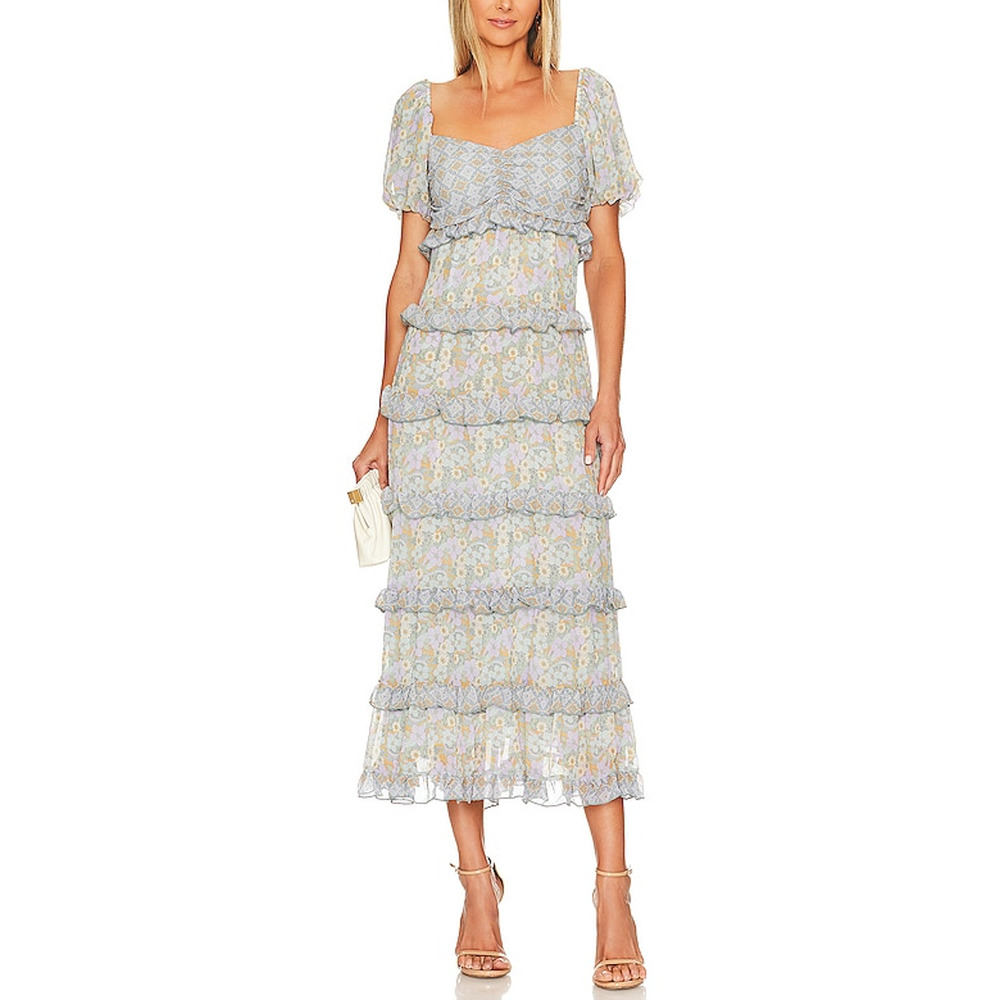 Show Me Your Mumu 'Colette' Blue Puff Sleeve Crepe Maxi Dress Size M